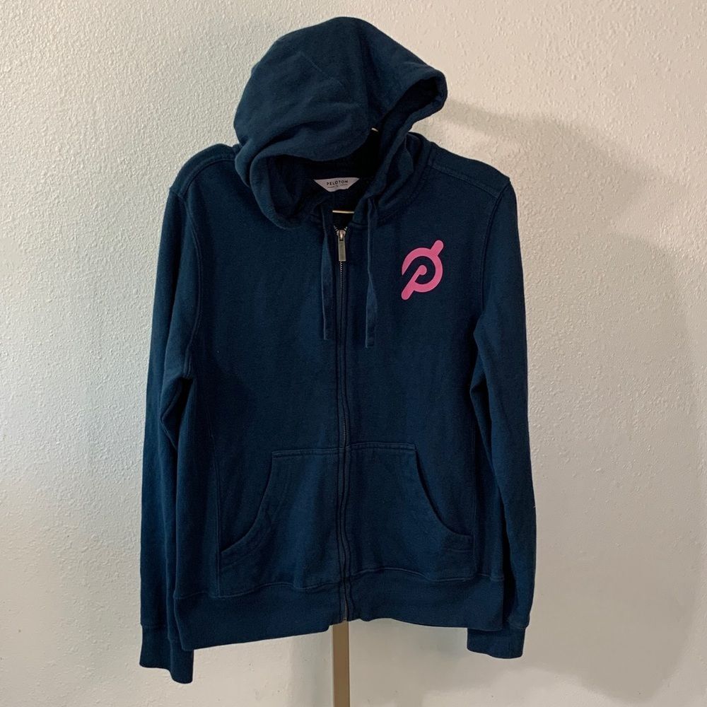 Peloton- Navy zip up hoodie Jacket with Pink Logo- womens large